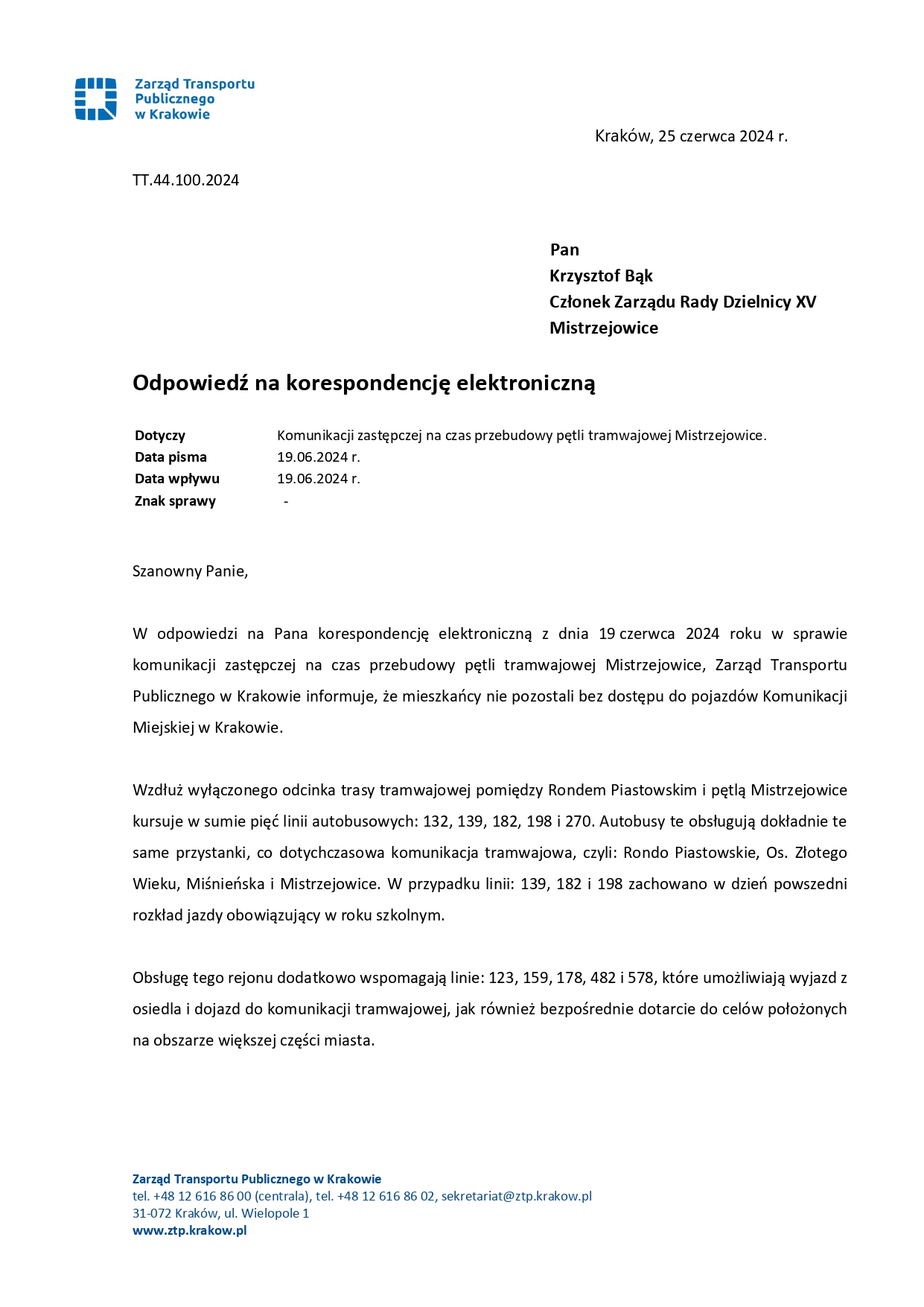 Odpowiedź Zarządu Transportu Publicznego w Krakowie 