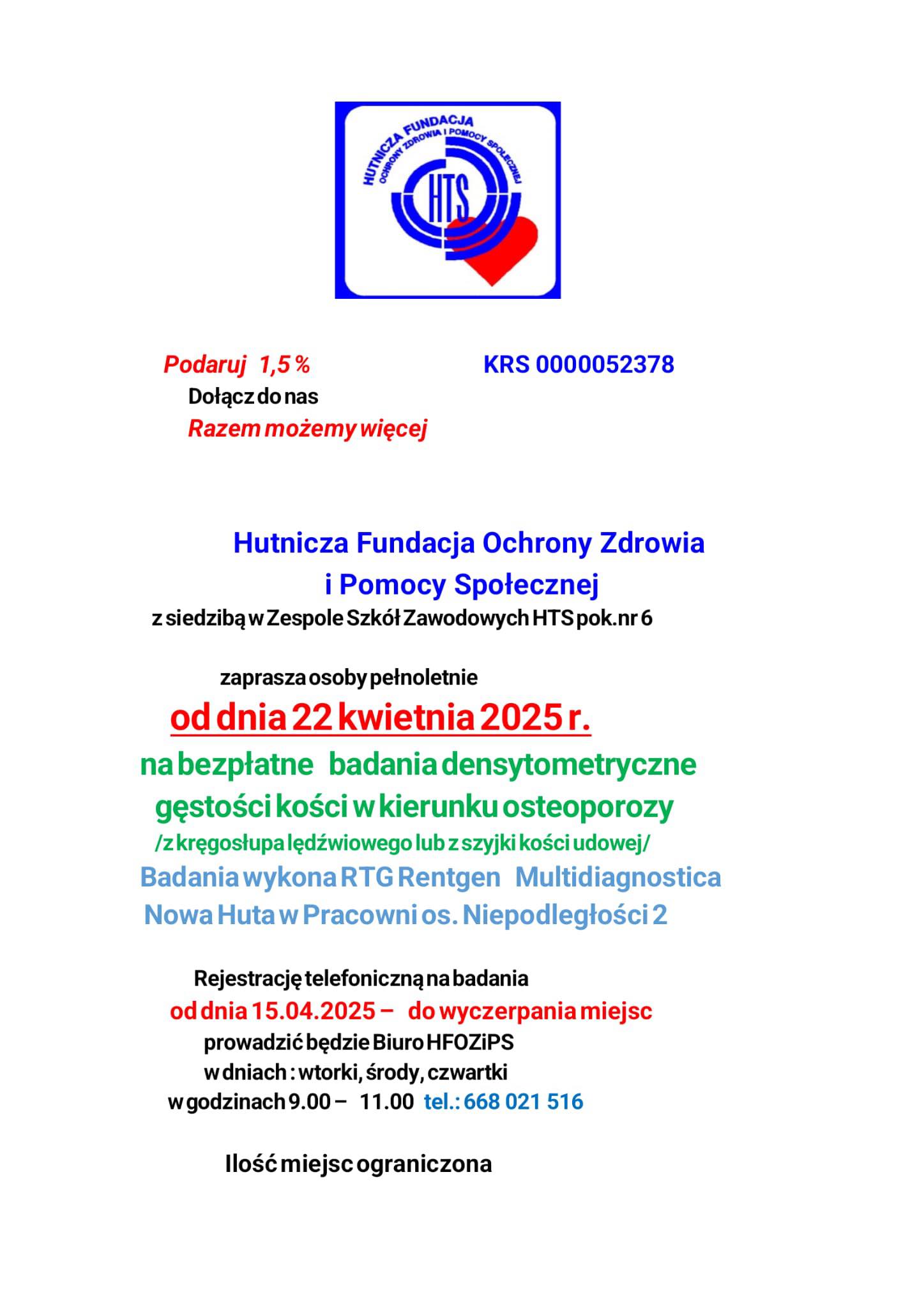 Bezpłatne badania w kierunku osteoporozy - kwiecień 2025