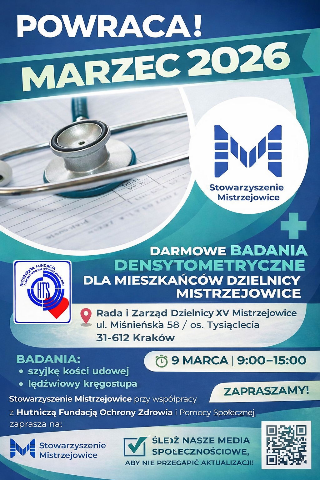 Darmowe badania densytometryczne w Dzielnicy XV – 9 marca 2026